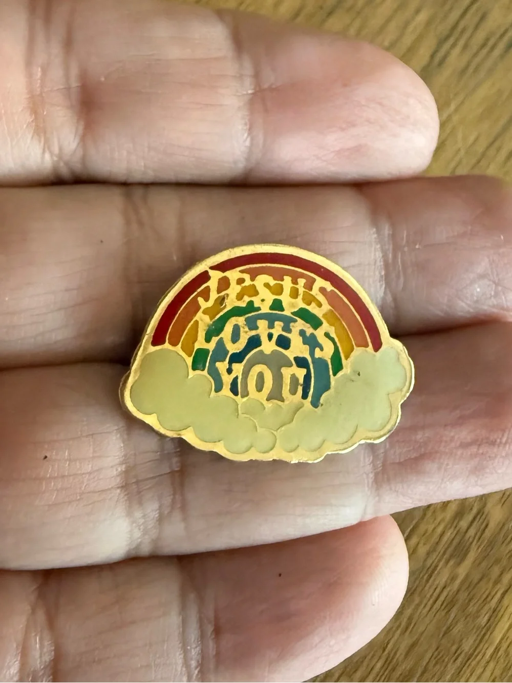 Vintage Jesus Loves You Enamel Rainbow Lapel Brooch Pin